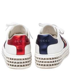 Pre Owned Gucci White Leather And Bee Web Detail New Ace Crystal Embellished Platform Sneakers Size 35