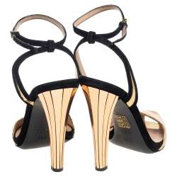 Pre Owned Gucci Gold-Black Leather And Suede Delphine Ankle Strap Sandals Size 36.5