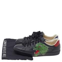 Gucci Black Leather Ace Panther Print Low Top Sneakers Size 40