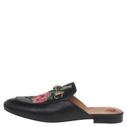 مملوكة مسبقًا Gucci Black Floral Embroidered Leather Princetown Mules Size 40