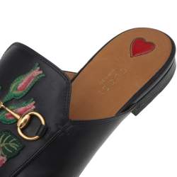 مملوكة مسبقًا Gucci Black Floral Embroidered Leather Princetown Mules Size 40