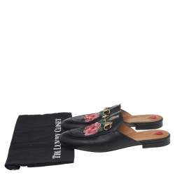 مملوكة مسبقًا Gucci Black Floral Embroidered Leather Princetown Mules Size 40