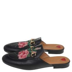 مملوكة مسبقًا Gucci Black Floral Embroidered Leather Princetown Mules Size 40