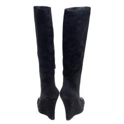 Pre Owned Gucci Black Suede Horse Bit Knee Length Boots Size 39.5