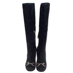 Pre Owned Gucci Black Suede Horse Bit Knee Length Boots Size 39.5