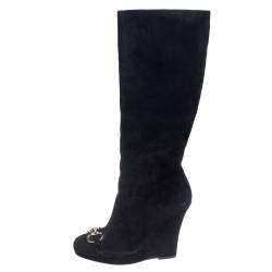 Pre Owned Gucci Black Suede Horse Bit Knee Length Boots Size 39.5
