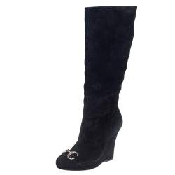 Pre Owned Gucci Black Suede Horse Bit Knee Length Boots Size 39.5