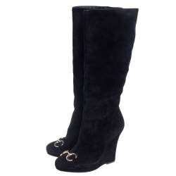 Pre Owned Gucci Black Suede Horse Bit Knee Length Boots Size 39.5