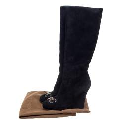 Pre Owned Gucci Black Suede Horse Bit Knee Length Boots Size 39.5