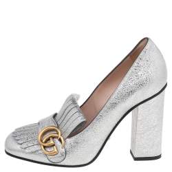Pre Owned Gucci Metallic Silver Leather GG Marmont Pumps Size 37.5