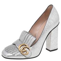 Pre Owned Gucci Metallic Silver Leather GG Marmont Pumps Size 37.5