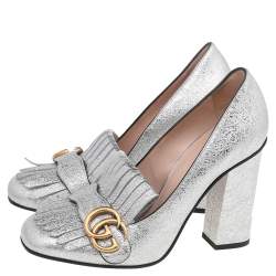 Pre Owned Gucci Metallic Silver Leather GG Marmont Pumps Size 37.5