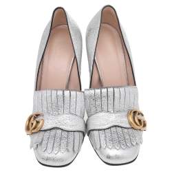 Pre Owned Gucci Metallic Silver Leather GG Marmont Pumps Size 37.5