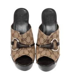 Pre Owned Gucci Brown/Beige GG Canvas and Leather Bamboo Horsebit Slide Sandals Size 40