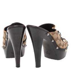 Pre Owned Gucci Brown/Beige GG Canvas and Leather Bamboo Horsebit Slide Sandals Size 40