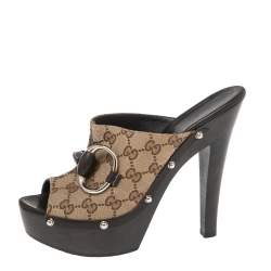 Pre Owned Gucci Brown/Beige GG Canvas and Leather Bamboo Horsebit Slide Sandals Size 40