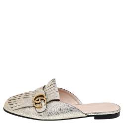 مملوكة مسبقًا Gucci Metallic Gold Leather Marmont Kiltie GG Fringe Mules Size 42