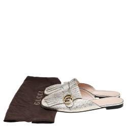 مملوكة مسبقًا Gucci Metallic Gold Leather Marmont Kiltie GG Fringe Mules Size 42