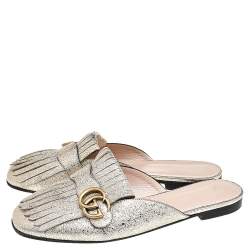 مملوكة مسبقًا Gucci Metallic Gold Leather Marmont Kiltie GG Fringe Mules Size 42