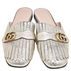 مملوكة مسبقًا Gucci Metallic Gold Leather Marmont Kiltie GG Fringe Mules Size 42
