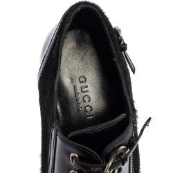 Pre Owned Gucci Black Leather And Pony Hair Buckle Detail Platform Ankle Booties Size 34