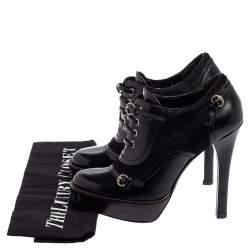 Pre Owned Gucci Black Leather And Pony Hair Buckle Detail Platform Ankle Booties Size 34