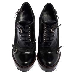 Pre Owned Gucci Black Leather And Pony Hair Buckle Detail Platform Ankle Booties Size 34