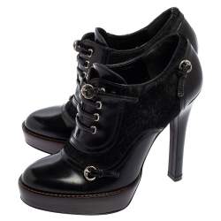 Pre Owned Gucci Black Leather And Pony Hair Buckle Detail Platform Ankle Booties Size 34