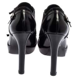 Pre Owned Gucci Black Leather And Pony Hair Buckle Detail Platform Ankle Booties Size 34