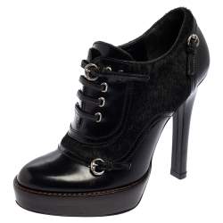 Pre Owned Gucci Black Leather And Pony Hair Buckle Detail Platform Ankle Booties Size 34