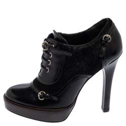 Pre Owned Gucci Black Leather And Pony Hair Buckle Detail Platform Ankle Booties Size 34