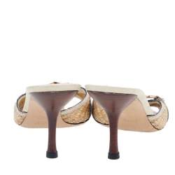 مملوكة مسبقًا Gucci Beige Raffia And Leather Bamboo Horsebit Slide Sandals Size 36.5