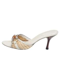 مملوكة مسبقًا Gucci Beige Raffia And Leather Bamboo Horsebit Slide Sandals Size 36.5