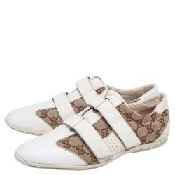 Pre Owned Gucci White-Beige GG Canvas and Leather Velcro Sneakers Size 40