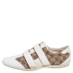 Pre Owned Gucci White-Beige GG Canvas and Leather Velcro Sneakers Size 40
