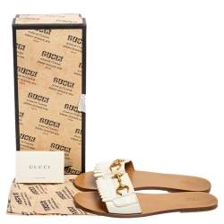 Pre Owned Gucci White Leather Fringe Horsebit Slide Flats Size 40.5 