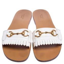 Pre Owned Gucci White Leather Fringe Horsebit Slide Flats Size 40.5 