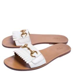 Pre Owned Gucci White Leather Fringe Horsebit Slide Flats Size 40.5 