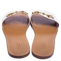 Pre Owned Gucci White Leather Fringe Horsebit Slide Flats Size 40.5 
