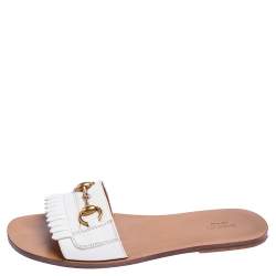 Pre Owned Gucci White Leather Fringe Horsebit Slide Flats Size 40.5 