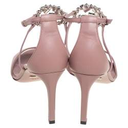 مملوكة مسبقًا Gucci Beige Leather Crystal Embellished GG Interlocking Ankle Strap Sandals Size 38.5