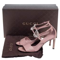 مملوكة مسبقًا Gucci Beige Leather Crystal Embellished GG Interlocking Ankle Strap Sandals Size 38.5