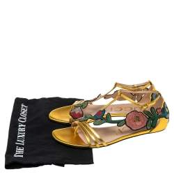 Pre Owned صندل فلات غوتشي أوفيليا جلد ذهبي مطرز مورد مقاس 39