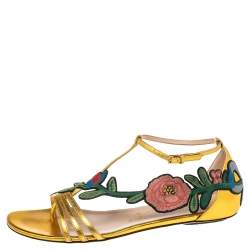 Pre Owned صندل فلات غوتشي أوفيليا جلد ذهبي مطرز مورد مقاس 39