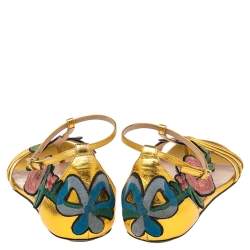 Pre Owned صندل فلات غوتشي أوفيليا جلد ذهبي مطرز مورد مقاس 39