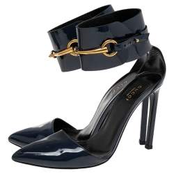 Pre Owned Gucci Dark Blue Patent Leather Ursula Horsebit Ankle Cuff Pointed Toe Sandals Size 37.5