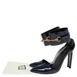 Pre Owned Gucci Dark Blue Patent Leather Ursula Horsebit Ankle Cuff Pointed Toe Sandals Size 37.5