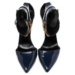 Pre Owned Gucci Dark Blue Patent Leather Ursula Horsebit Ankle Cuff Pointed Toe Sandals Size 37.5
