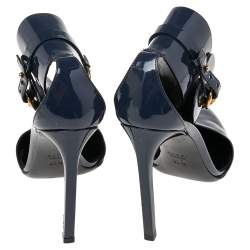 Pre Owned Gucci Dark Blue Patent Leather Ursula Horsebit Ankle Cuff Pointed Toe Sandals Size 37.5