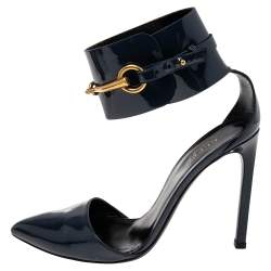 Pre Owned Gucci Dark Blue Patent Leather Ursula Horsebit Ankle Cuff Pointed Toe Sandals Size 37.5